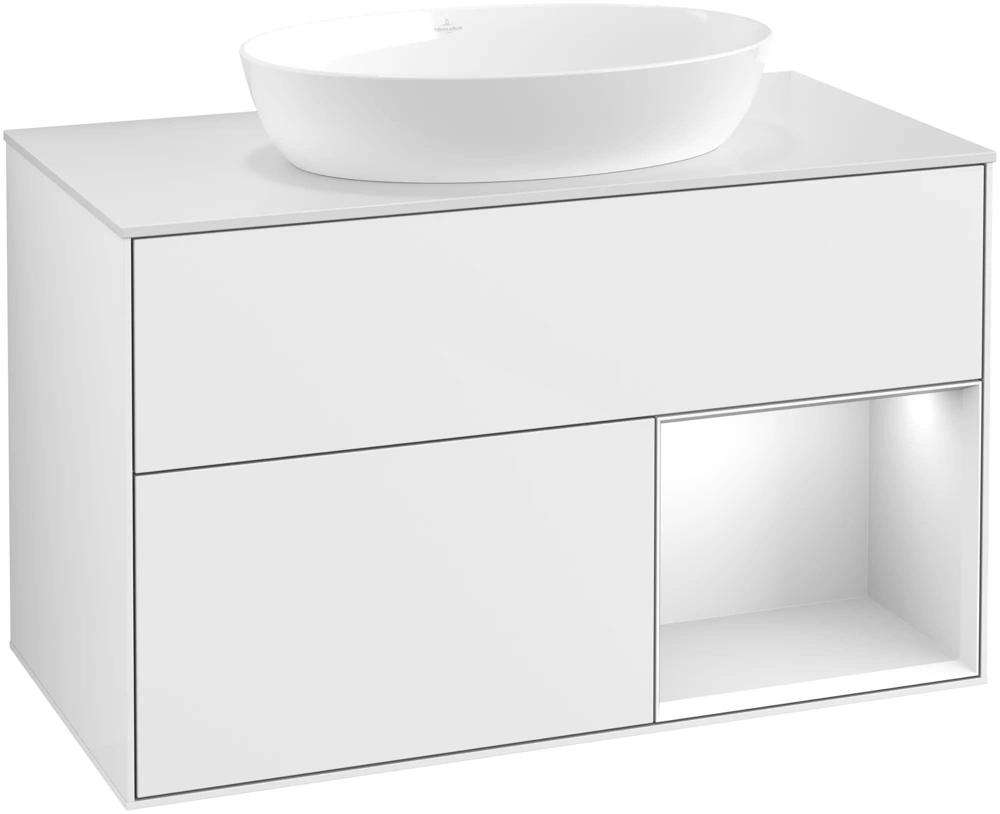 Bild von VILLEROY BOCH Finion Waschbeckenunterschrank, mit Beleuchtung, 2 Auszüge, 1000 x 603 x 501 mm, Glossy White Lacquer / White Matt Lacquer / Glass White Matt #GA21MTGF