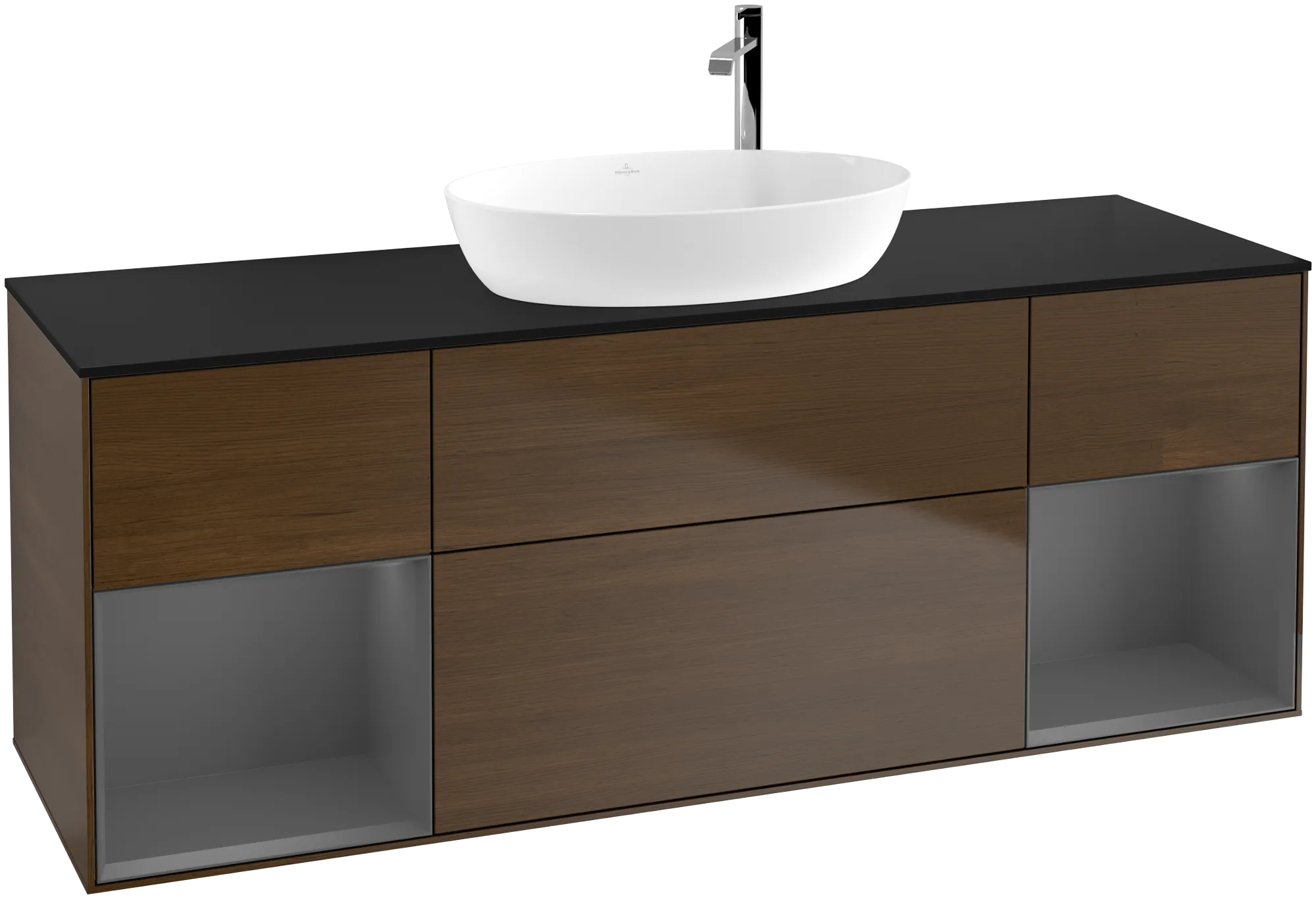 Bild von VILLEROY BOCH Finion Waschbeckenunterschrank, mit Beleuchtung, 4 Auszüge, 1600 x 603 x 501 mm, Walnut Veneer / Anthracite Matt Lacquer / Glass Black Matt #G982GKGN