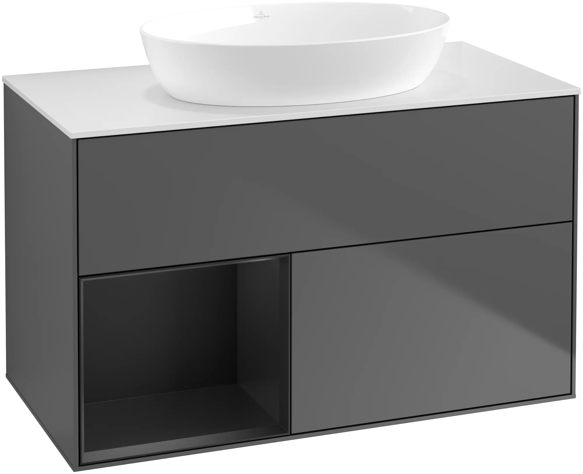 Bild von VILLEROY BOCH Finion Waschbeckenunterschrank, mit Beleuchtung, 2 Auszüge, 1000 x 603 x 501 mm, Anthracite Matt Lacquer / Black Matt Lacquer / Glass White Matt #GA11PDGK