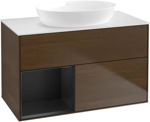 Bild von VILLEROY BOCH Finion Waschbeckenunterschrank, mit Beleuchtung, 2 Auszüge, 1000 x 603 x 501 mm, Walnut Veneer / Black Matt Lacquer / Glass White Matt #GA11PDGN