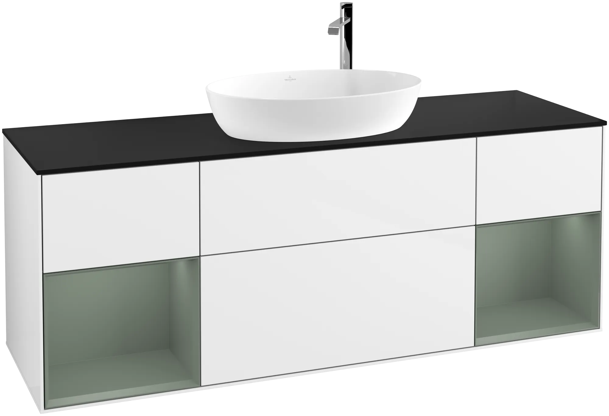 Bild von VILLEROY BOCH Finion Waschbeckenunterschrank, mit Beleuchtung, 4 Auszüge, 1600 x 603 x 501 mm, Glossy White Lacquer / Olive Matt Lacquer / Glass Black Matt #G982GMGF