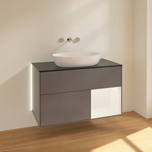 Bild von VILLEROY BOCH Finion Waschbeckenunterschrank, mit Beleuchtung, 2 Auszüge, 1000 x 603 x 501 mm, Anthracite Matt Lacquer / White Matt Lacquer / Glass Black Matt #GA22MTGK