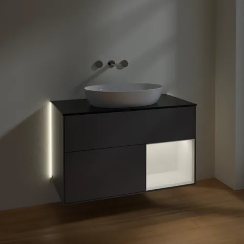 Bild von VILLEROY BOCH Finion Waschbeckenunterschrank, mit Beleuchtung, 2 Auszüge, 1000 x 603 x 501 mm, Anthracite Matt Lacquer / White Matt Lacquer / Glass Black Matt #GA22MTGK