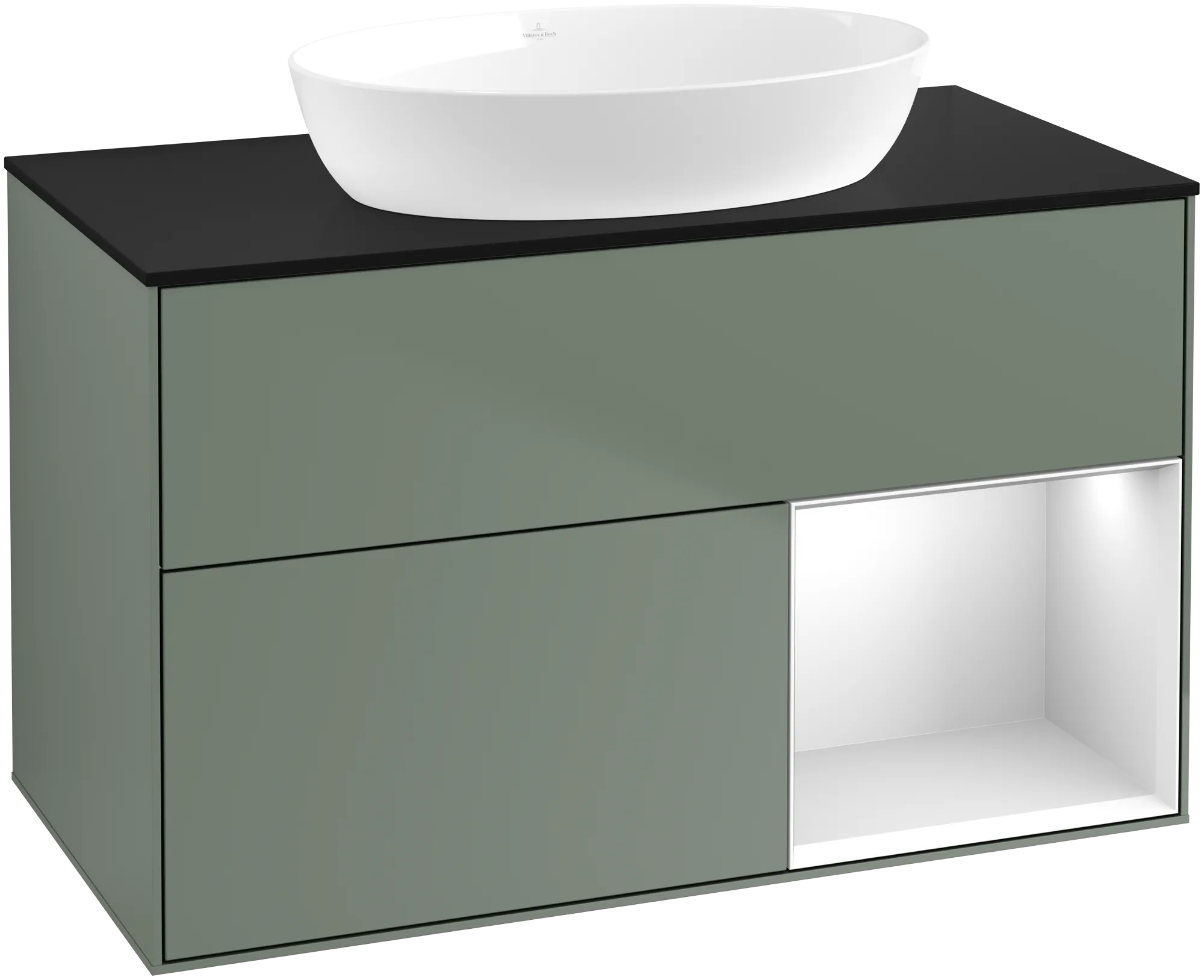 Obrázek VILLEROY BOCH Finion Vanity unit, with lighting, 2 pull-out compartments, 1000 x 603 x 501 mm, Olive Matt Lacquer / White Matt Lacquer / Glass Black Matt #GA22MTGM