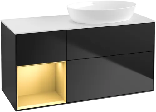Bild von VILLEROY BOCH Finion Waschbeckenunterschrank, mit Beleuchtung, 3 Auszüge, 1200 x 603 x 501 mm, Black Matt Lacquer / Gold Matt Lacquer / Glass White Matt #GA41HFPD