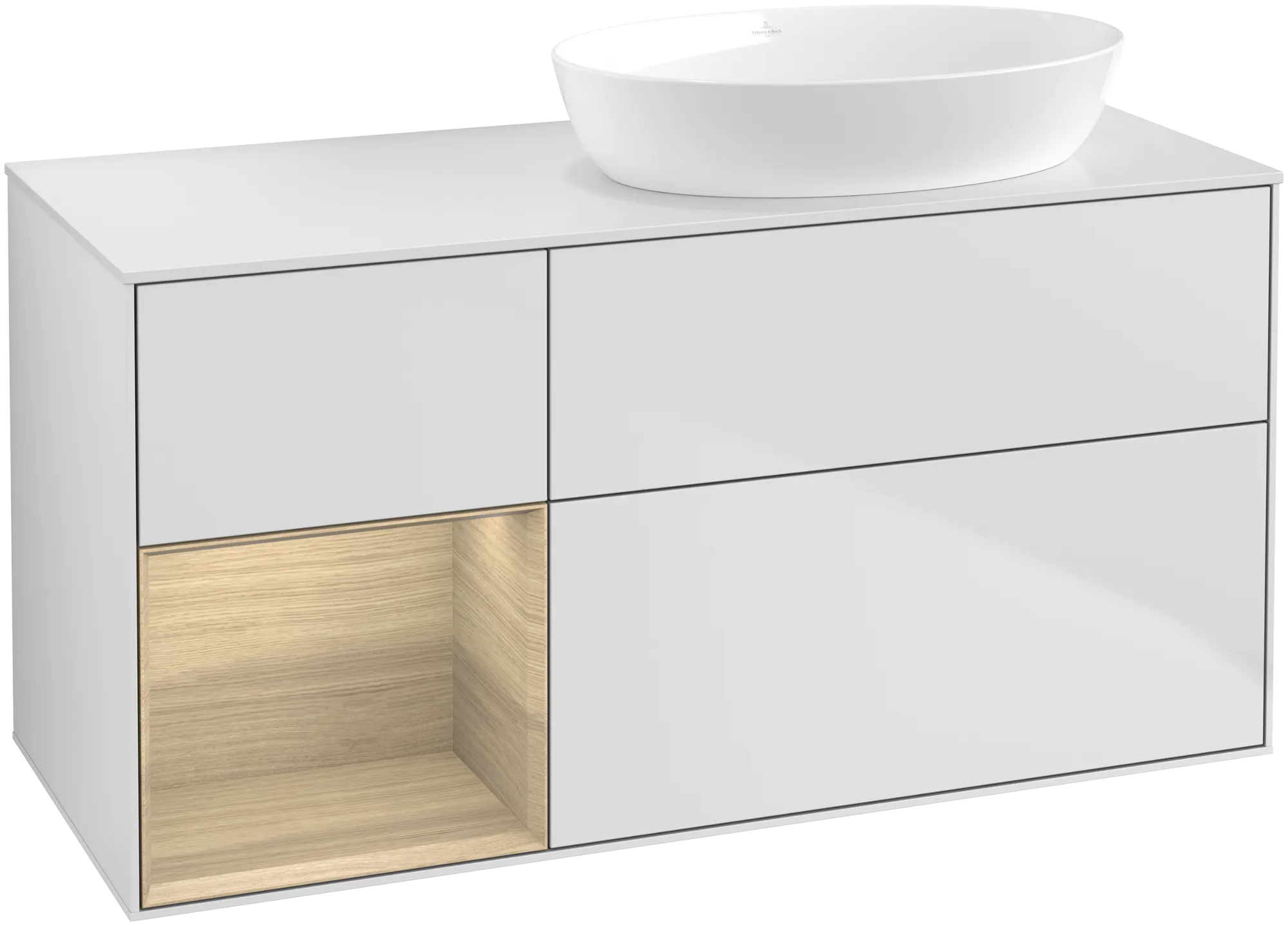 Bild von VILLEROY BOCH Finion Waschbeckenunterschrank, mit Beleuchtung, 3 Auszüge, 1200 x 603 x 501 mm, White Matt Lacquer / Oak Veneer / Glass White Matt #GA41PCMT