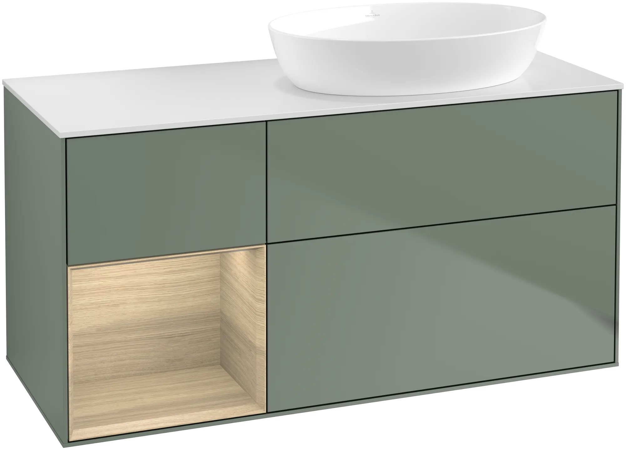 Bild von VILLEROY BOCH Finion Waschbeckenunterschrank, mit Beleuchtung, 3 Auszüge, 1200 x 603 x 501 mm, Olive Matt Lacquer / Oak Veneer / Glass White Matt #GA41PCGM