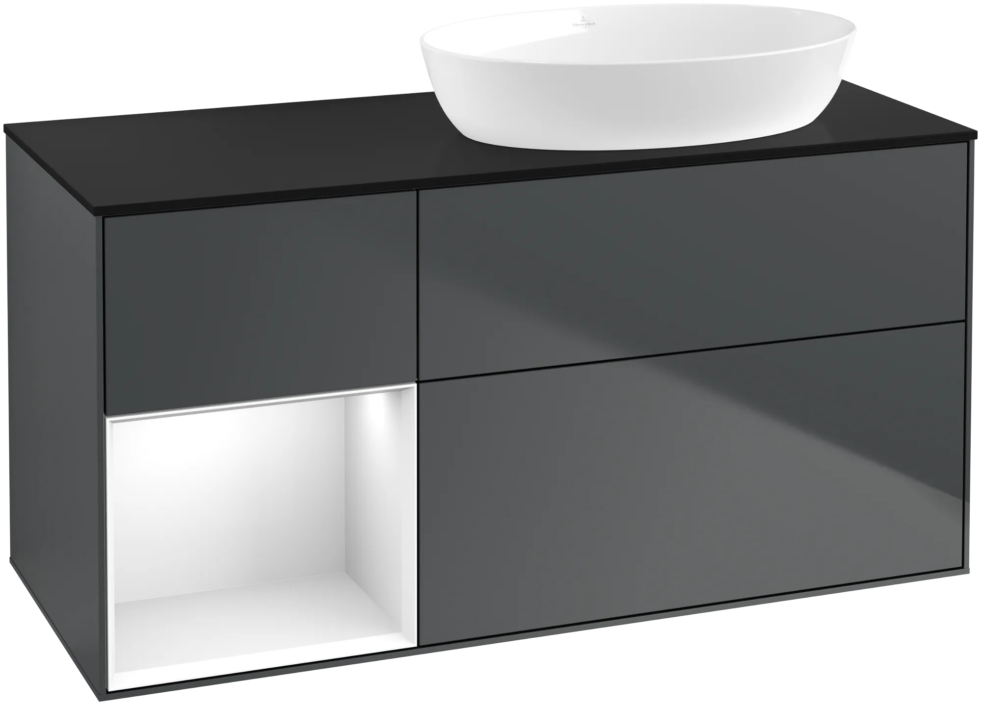 Obrázek VILLEROY BOCH Finion Vanity unit, with lighting, 3 pull-out compartments, 1200 x 603 x 501 mm, Midnight Blue Matt Lacquer / Glossy White Lacquer / Glass Black Matt #GA42GFHG