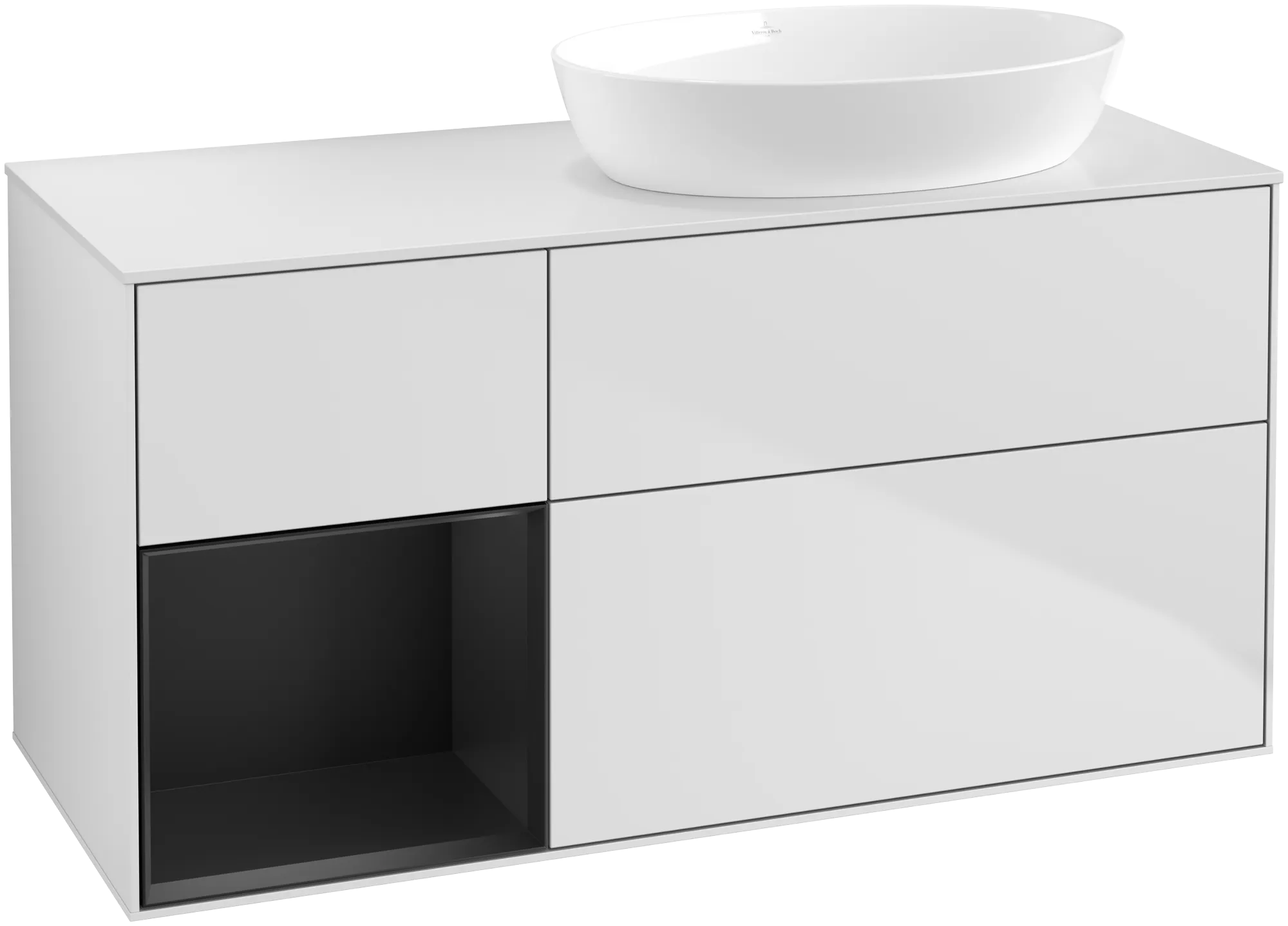 Bild von VILLEROY BOCH Finion Waschbeckenunterschrank, mit Beleuchtung, 3 Auszüge, 1200 x 603 x 501 mm, White Matt Lacquer / Black Matt Lacquer / Glass White Matt #GA41PDMT