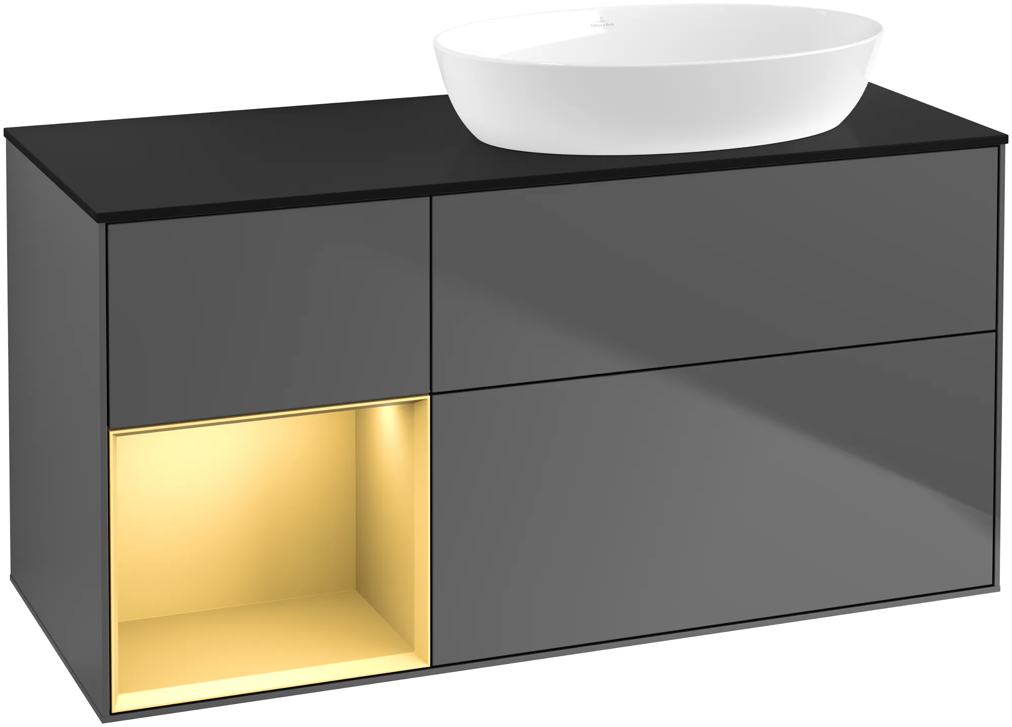 Obrázek VILLEROY BOCH Finion Vanity unit, with lighting, 3 pull-out compartments, 1200 x 603 x 501 mm, Anthracite Matt Lacquer / Gold Matt Lacquer / Glass Black Matt #GA42HFGK