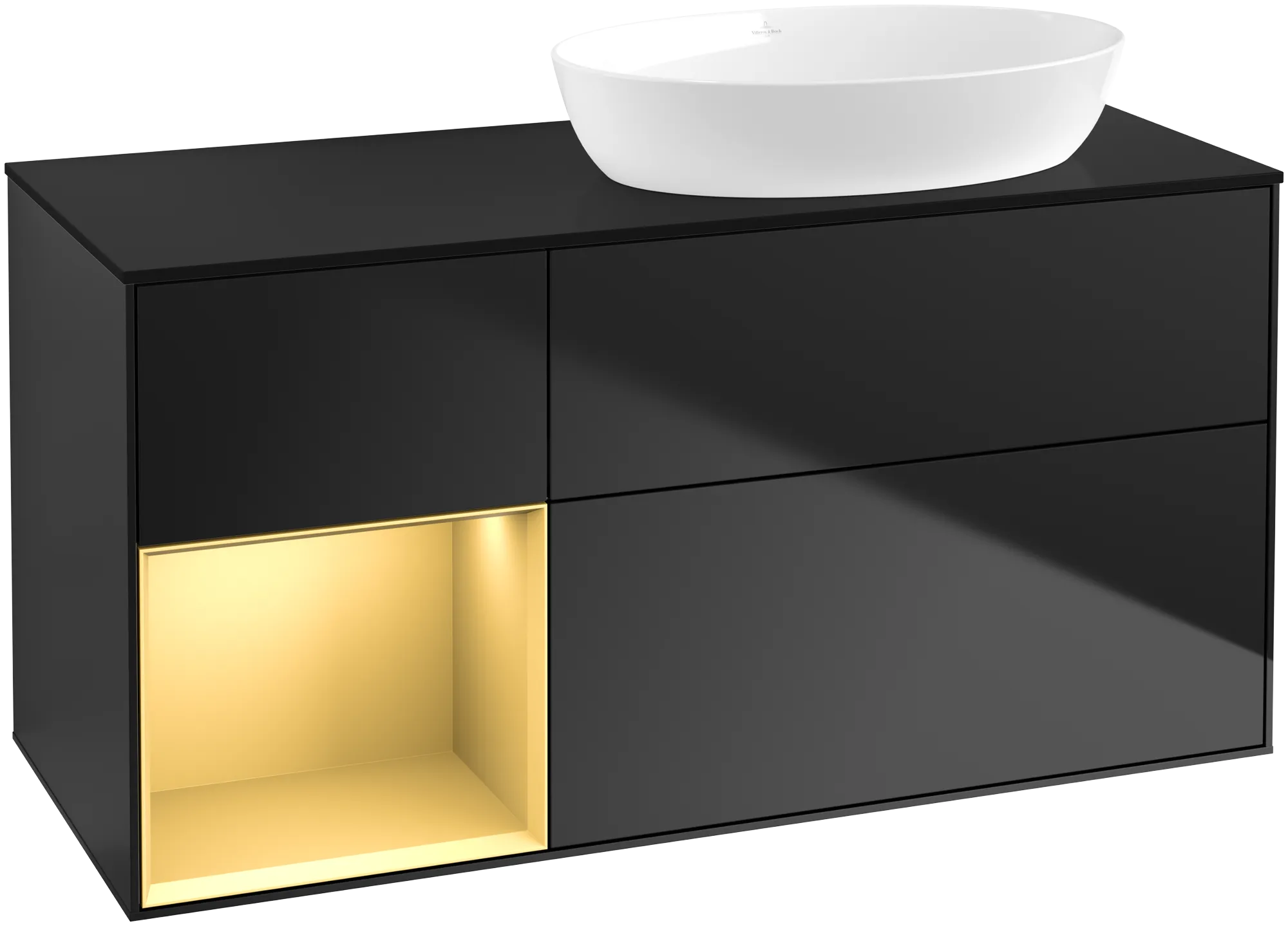 Bild von VILLEROY BOCH Finion Waschbeckenunterschrank, mit Beleuchtung, 3 Auszüge, 1200 x 603 x 501 mm, Black Matt Lacquer / Gold Matt Lacquer / Glass Black Matt #GA42HFPD