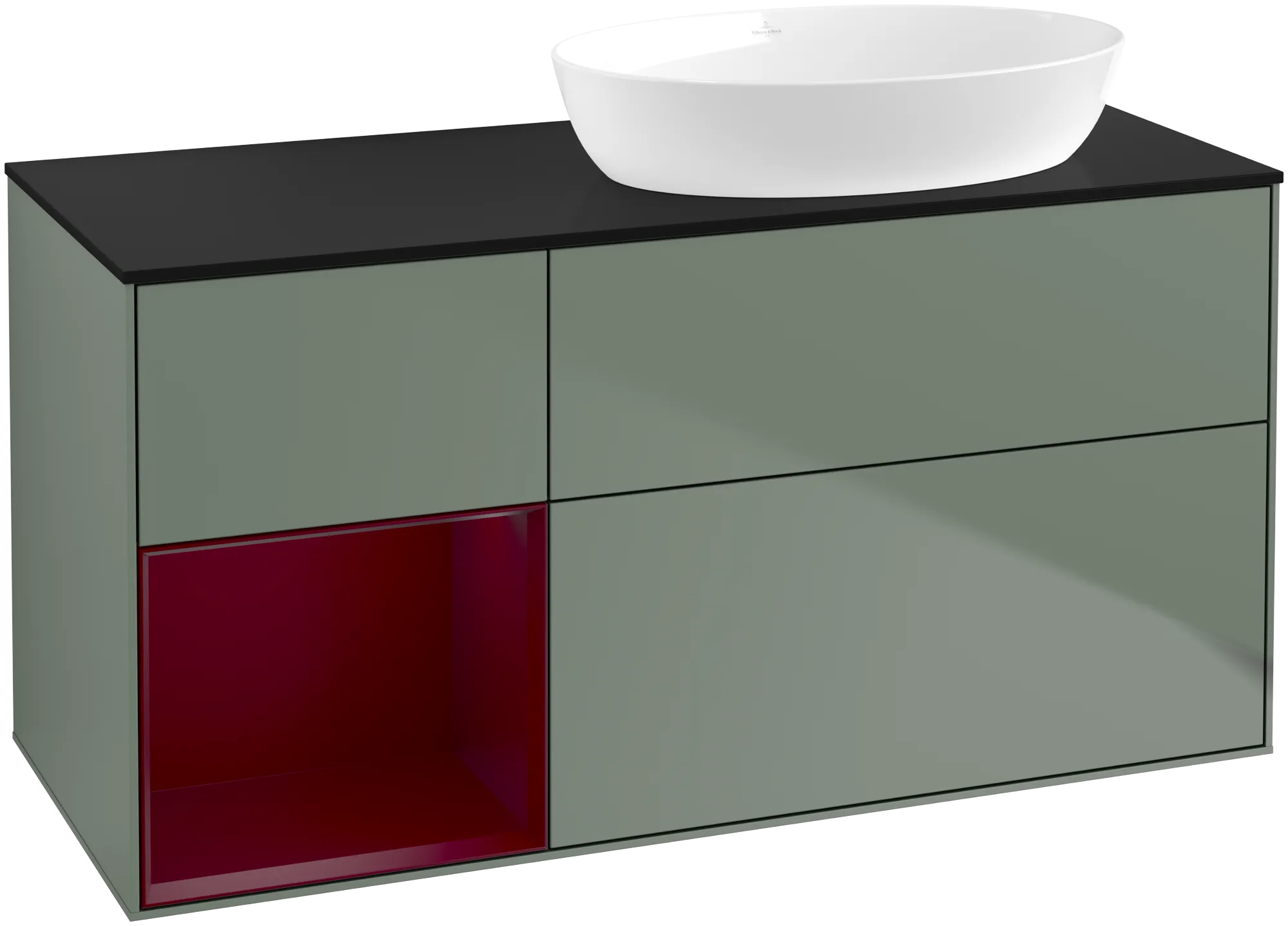 Bild von VILLEROY BOCH Finion Waschbeckenunterschrank, mit Beleuchtung, 3 Auszüge, 1200 x 603 x 501 mm, Olive Matt Lacquer / Peony Matt Lacquer / Glass Black Matt #GA42HBGM