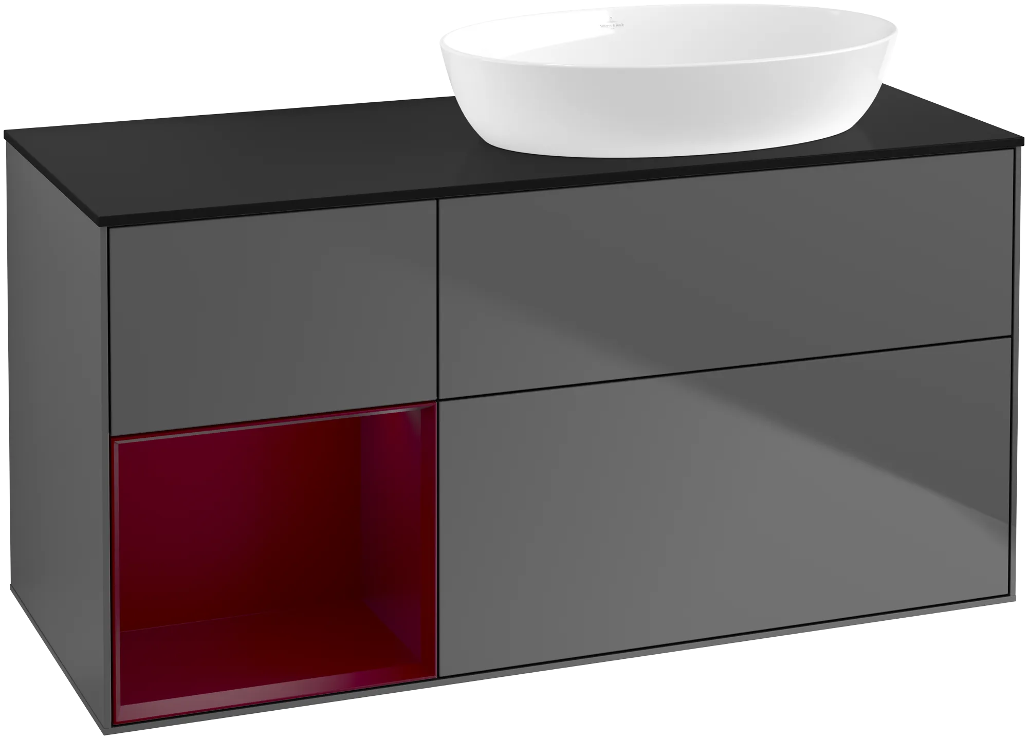 Bild von VILLEROY BOCH Finion Waschbeckenunterschrank, mit Beleuchtung, 3 Auszüge, 1200 x 603 x 501 mm, Anthracite Matt Lacquer / Peony Matt Lacquer / Glass Black Matt #GA42HBGK