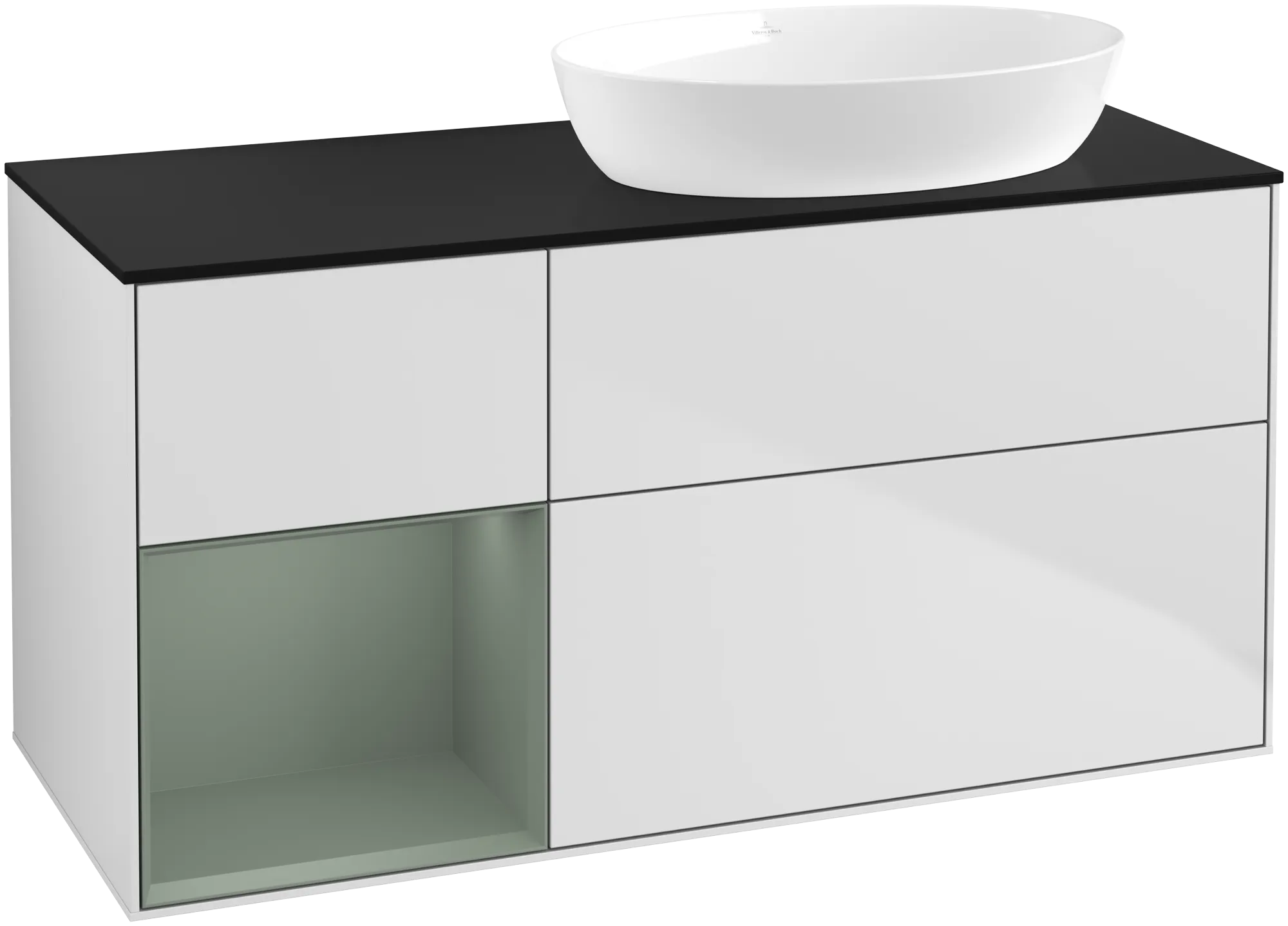 Bild von VILLEROY BOCH Finion Waschbeckenunterschrank, mit Beleuchtung, 3 Auszüge, 1200 x 603 x 501 mm, White Matt Lacquer / Olive Matt Lacquer / Glass Black Matt #GA42GMMT