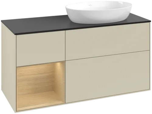 Bild von VILLEROY BOCH Finion Waschbeckenunterschrank, mit Beleuchtung, 3 Auszüge, 1200 x 603 x 501 mm, Silk Grey Matt Lacquer / Oak Veneer / Glass Black Matt #GA42PCHJ