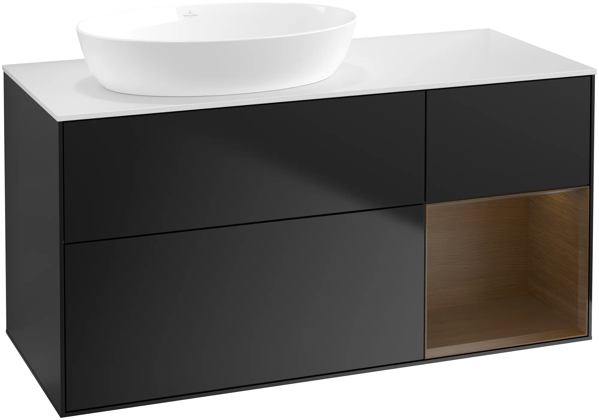 Bild von VILLEROY BOCH Finion Waschbeckenunterschrank, mit Beleuchtung, 3 Auszüge, 1200 x 603 x 501 mm, Black Matt Lacquer / Walnut Veneer / Glass White Matt #GA51GNPD