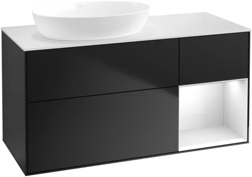 Bild von VILLEROY BOCH Finion Waschbeckenunterschrank, mit Beleuchtung, 3 Auszüge, 1200 x 603 x 501 mm, Black Matt Lacquer / Glossy White Lacquer / Glass White Matt #GA51GFPD
