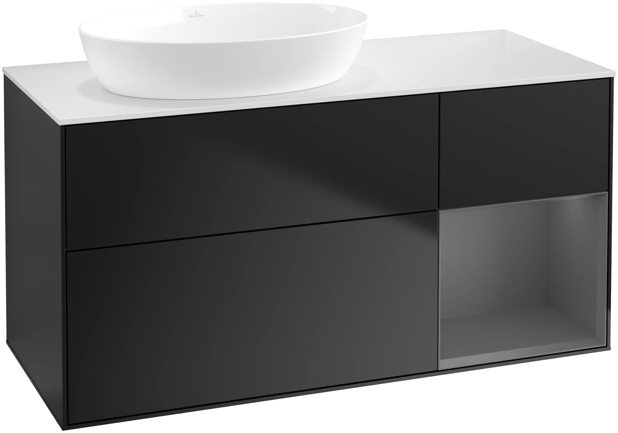 Bild von VILLEROY BOCH Finion Waschbeckenunterschrank, mit Beleuchtung, 3 Auszüge, 1200 x 603 x 501 mm, Black Matt Lacquer / Anthracite Matt Lacquer / Glass White Matt #GA51GKPD