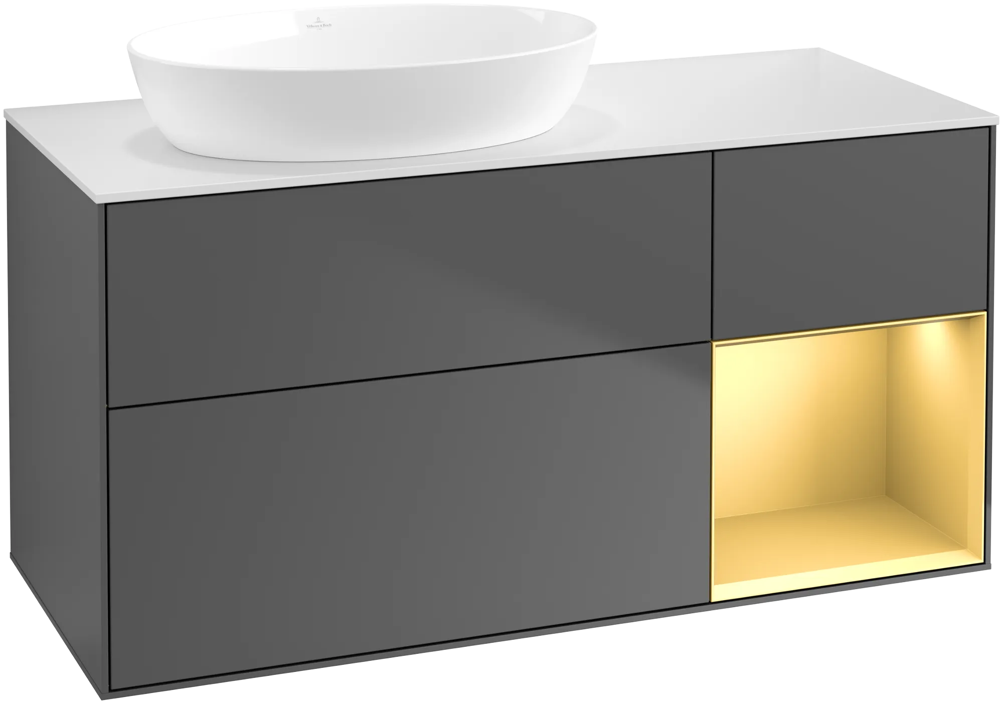 Bild von VILLEROY BOCH Finion Waschbeckenunterschrank, mit Beleuchtung, 3 Auszüge, 1200 x 603 x 501 mm, Anthracite Matt Lacquer / Gold Matt Lacquer / Glass White Matt #GA51HFGK