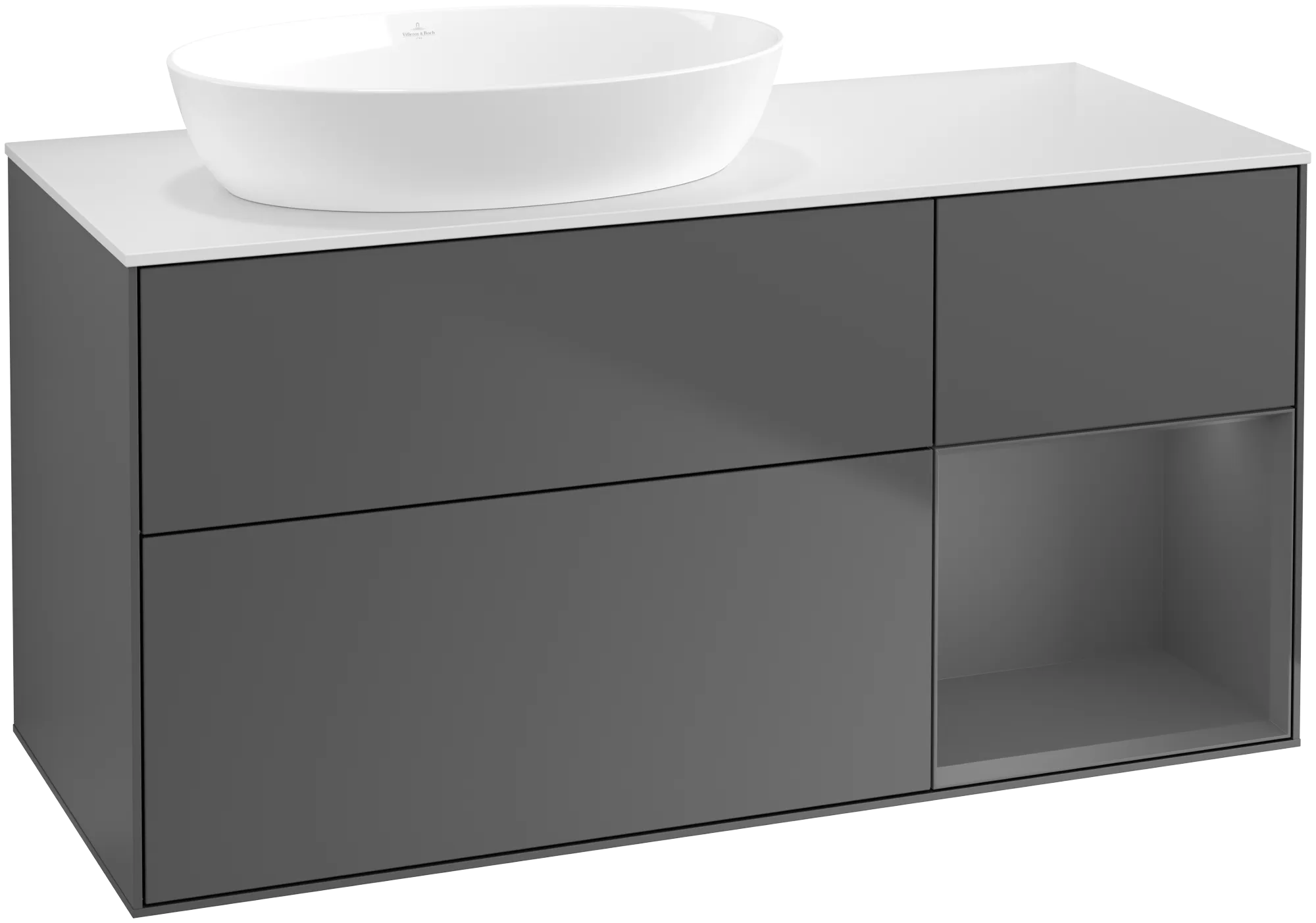 Bild von VILLEROY BOCH Finion Waschbeckenunterschrank, mit Beleuchtung, 3 Auszüge, 1200 x 603 x 501 mm, Anthracite Matt Lacquer / Anthracite Matt Lacquer / Glass White Matt #GA51GKGK