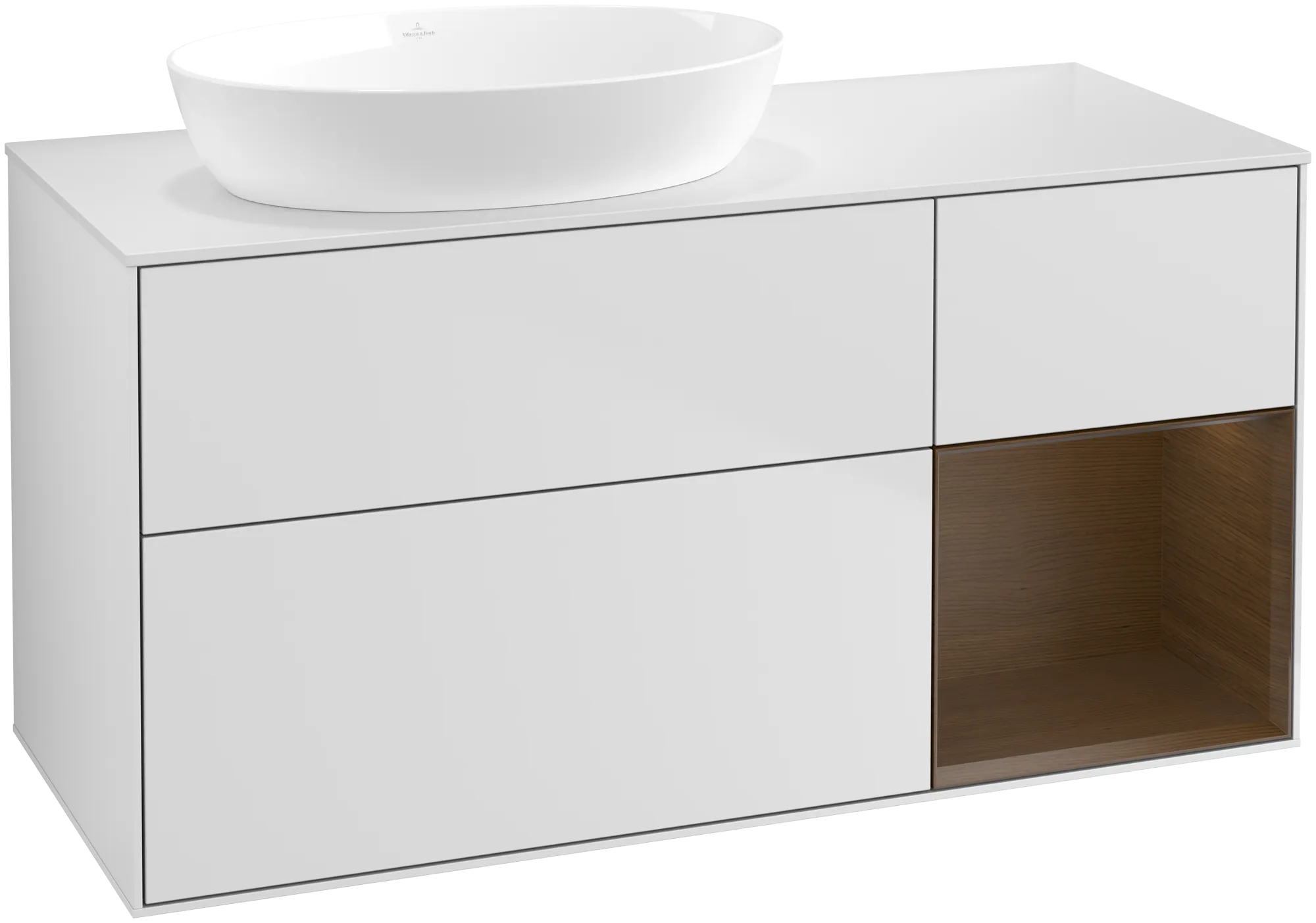 Bild von VILLEROY BOCH Finion Waschbeckenunterschrank, mit Beleuchtung, 3 Auszüge, 1200 x 603 x 501 mm, White Matt Lacquer / Walnut Veneer / Glass White Matt #GA51GNMT