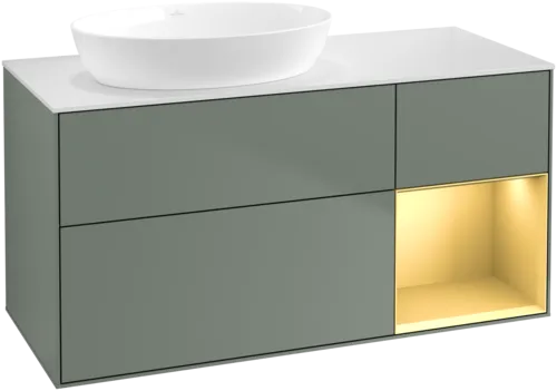 Bild von VILLEROY BOCH Finion Waschbeckenunterschrank, mit Beleuchtung, 3 Auszüge, 1200 x 603 x 501 mm, Olive Matt Lacquer / Gold Matt Lacquer / Glass White Matt #GA51HFGM