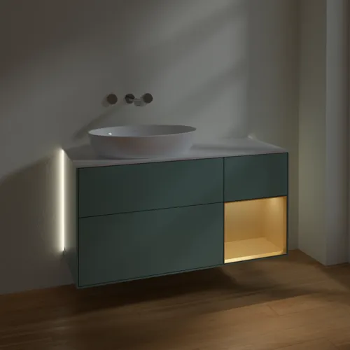 Bild von VILLEROY BOCH Finion Waschbeckenunterschrank, mit Beleuchtung, 3 Auszüge, 1200 x 603 x 501 mm, Olive Matt Lacquer / Gold Matt Lacquer / Glass White Matt #GA51HFGM