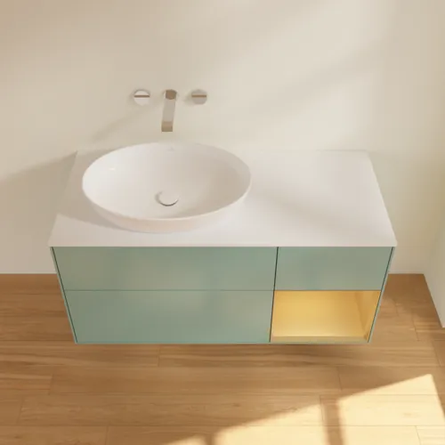 Bild von VILLEROY BOCH Finion Waschbeckenunterschrank, mit Beleuchtung, 3 Auszüge, 1200 x 603 x 501 mm, Olive Matt Lacquer / Gold Matt Lacquer / Glass White Matt #GA51HFGM