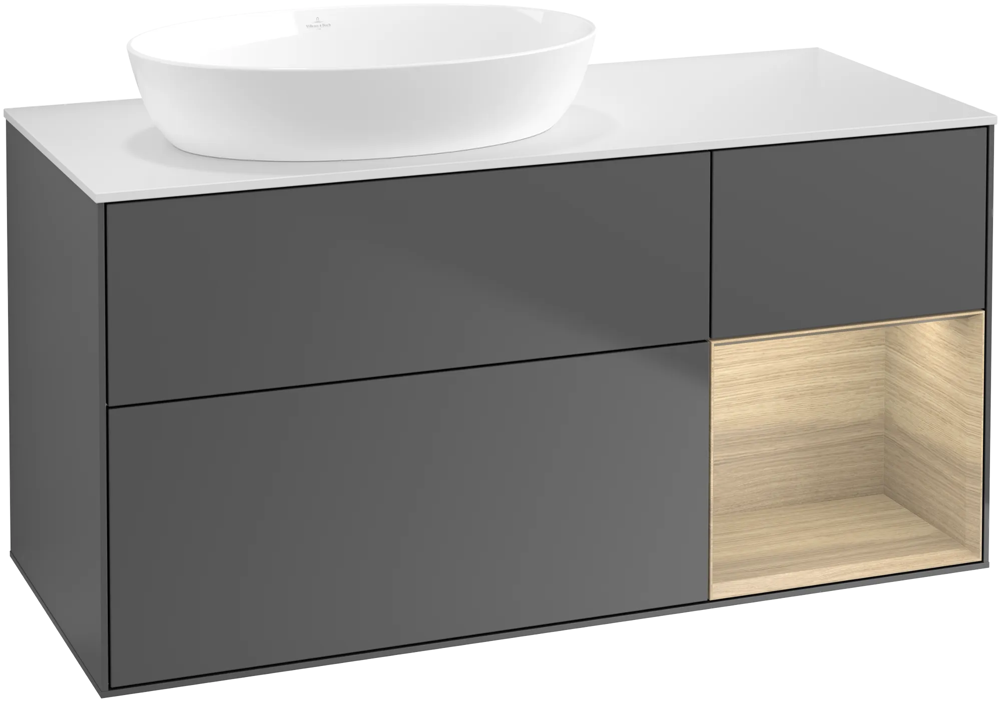 Bild von VILLEROY BOCH Finion Waschbeckenunterschrank, mit Beleuchtung, 3 Auszüge, 1200 x 603 x 501 mm, Anthracite Matt Lacquer / Oak Veneer / Glass White Matt #GA51PCGK