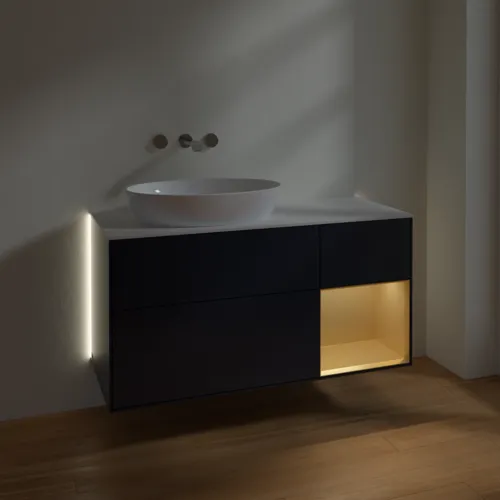 Picture of VILLEROY BOCH Finion Vanity unit, with lighting, 3 pull-out compartments, 1200 x 603 x 501 mm, Midnight Blue Matt Lacquer / Gold Matt Lacquer / Glass White Matt #GA51HFHG