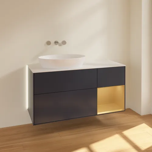 Picture of VILLEROY BOCH Finion Vanity unit, with lighting, 3 pull-out compartments, 1200 x 603 x 501 mm, Midnight Blue Matt Lacquer / Gold Matt Lacquer / Glass White Matt #GA51HFHG