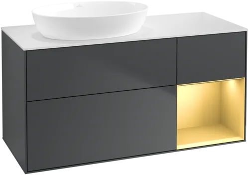 Obrázek VILLEROY BOCH Finion Vanity unit, with lighting, 3 pull-out compartments, 1200 x 603 x 501 mm, Midnight Blue Matt Lacquer / Gold Matt Lacquer / Glass White Matt #GA51HFHG