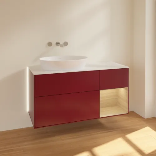 Bild von VILLEROY BOCH Finion Waschbeckenunterschrank, mit Beleuchtung, 3 Auszüge, 1200 x 603 x 501 mm, Peony Matt Lacquer / Oak Veneer / Glass White Matt #GA51PCHB