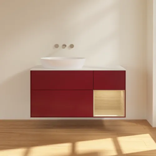 Bild von VILLEROY BOCH Finion Waschbeckenunterschrank, mit Beleuchtung, 3 Auszüge, 1200 x 603 x 501 mm, Peony Matt Lacquer / Oak Veneer / Glass White Matt #GA51PCHB