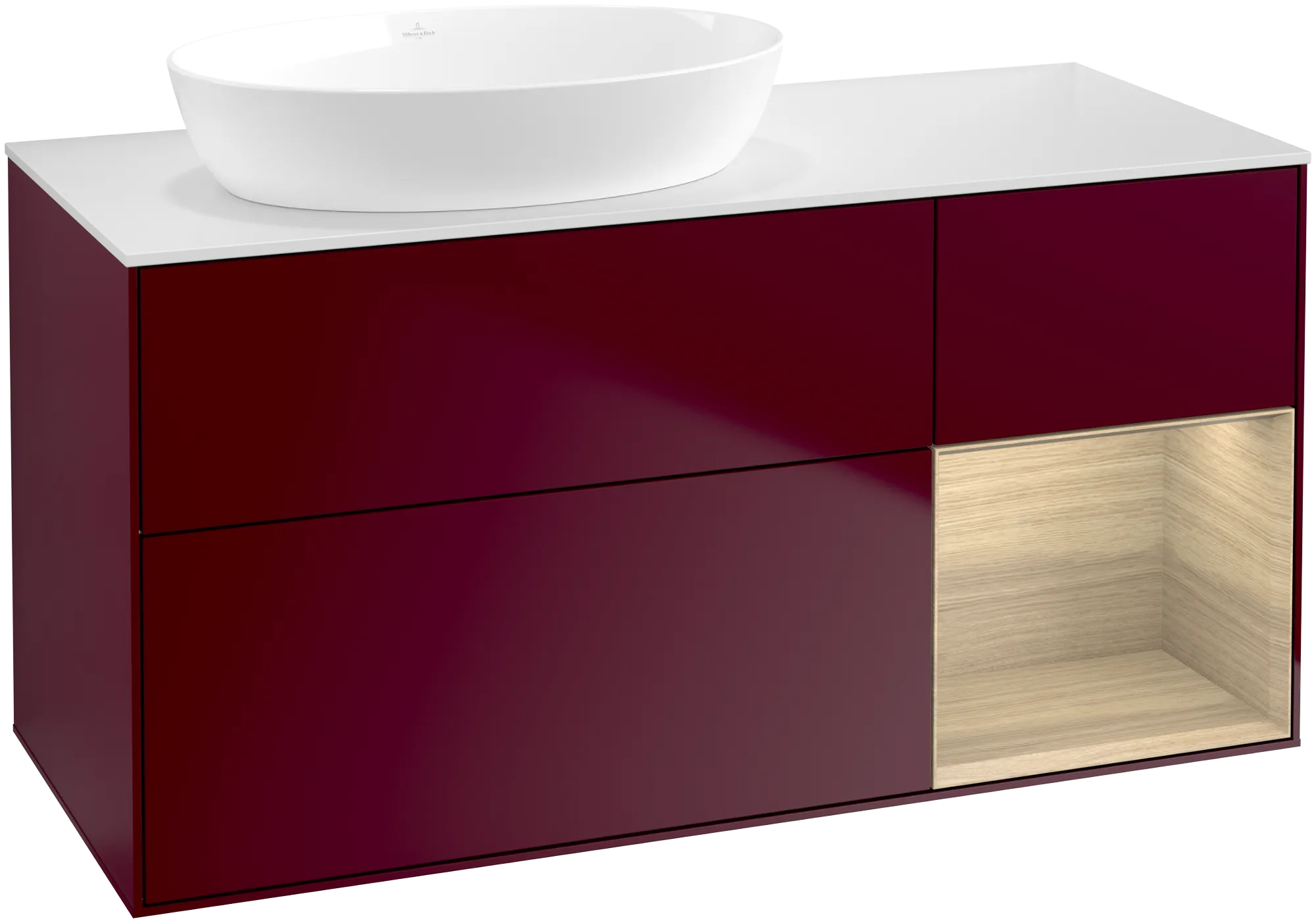 Bild von VILLEROY BOCH Finion Waschbeckenunterschrank, mit Beleuchtung, 3 Auszüge, 1200 x 603 x 501 mm, Peony Matt Lacquer / Oak Veneer / Glass White Matt #GA51PCHB
