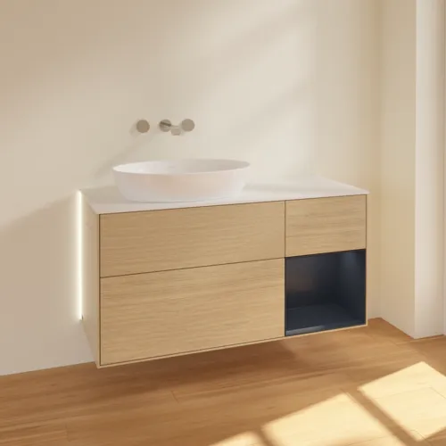 Bild von VILLEROY BOCH Finion Waschbeckenunterschrank, mit Beleuchtung, 3 Auszüge, 1200 x 603 x 501 mm, Oak Veneer / Midnight Blue Matt Lacquer / Glass White Matt #GA51HGPC