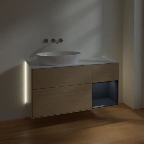 Bild von VILLEROY BOCH Finion Waschbeckenunterschrank, mit Beleuchtung, 3 Auszüge, 1200 x 603 x 501 mm, Oak Veneer / Midnight Blue Matt Lacquer / Glass White Matt #GA51HGPC