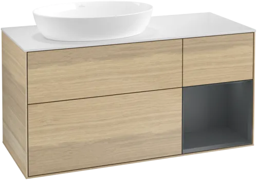 Bild von VILLEROY BOCH Finion Waschbeckenunterschrank, mit Beleuchtung, 3 Auszüge, 1200 x 603 x 501 mm, Oak Veneer / Midnight Blue Matt Lacquer / Glass White Matt #GA51HGPC