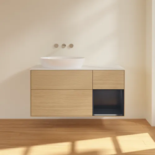Bild von VILLEROY BOCH Finion Waschbeckenunterschrank, mit Beleuchtung, 3 Auszüge, 1200 x 603 x 501 mm, Oak Veneer / Midnight Blue Matt Lacquer / Glass White Matt #GA51HGPC