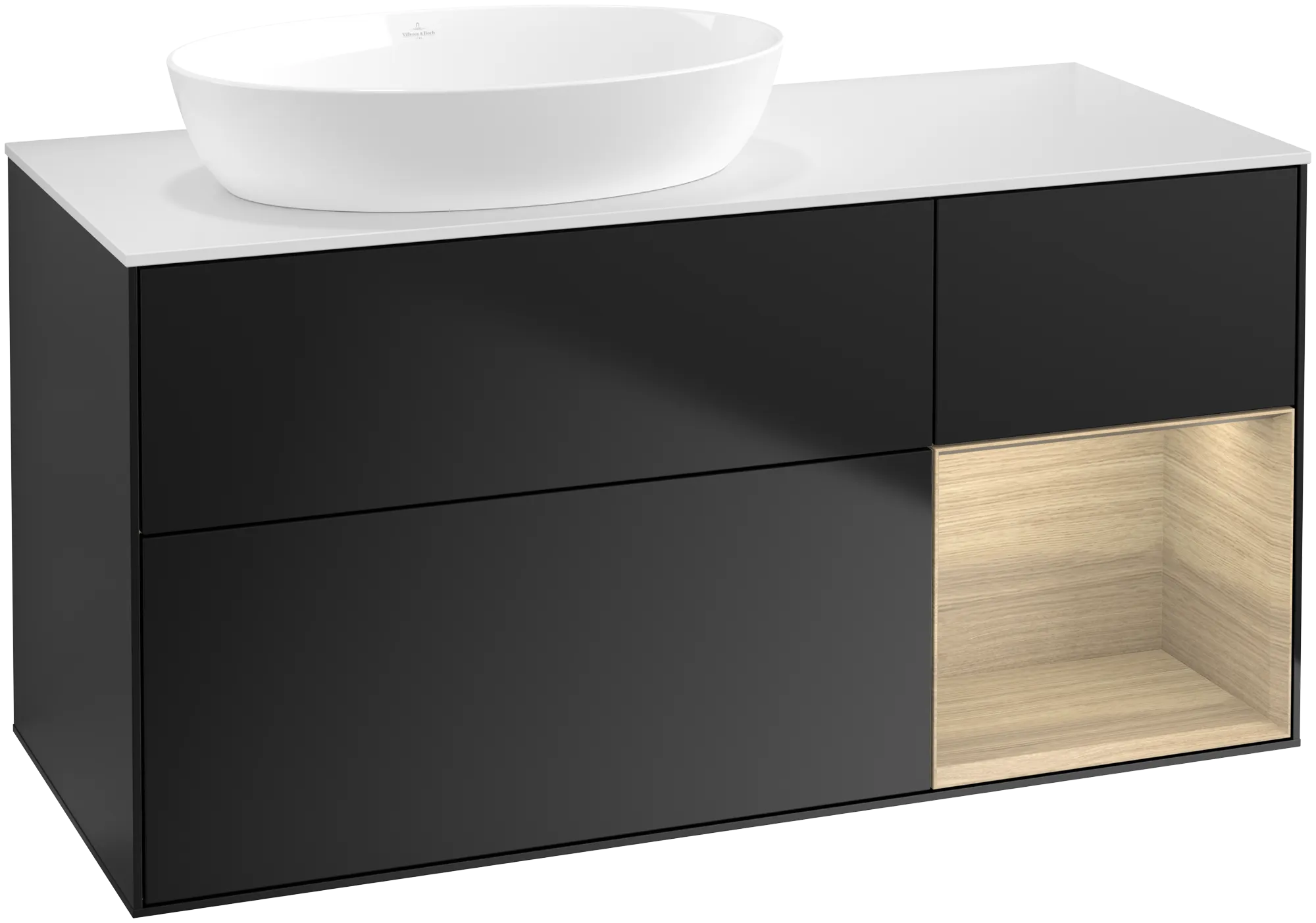 Bild von VILLEROY BOCH Finion Waschbeckenunterschrank, mit Beleuchtung, 3 Auszüge, 1200 x 603 x 501 mm, Black Matt Lacquer / Oak Veneer / Glass White Matt #GA51PCPD