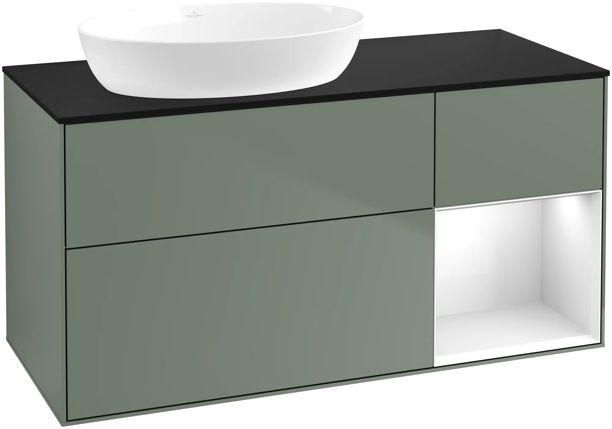 Bild von VILLEROY BOCH Finion Waschbeckenunterschrank, mit Beleuchtung, 3 Auszüge, 1200 x 603 x 501 mm, Olive Matt Lacquer / Glossy White Lacquer / Glass Black Matt #GA52GFGM
