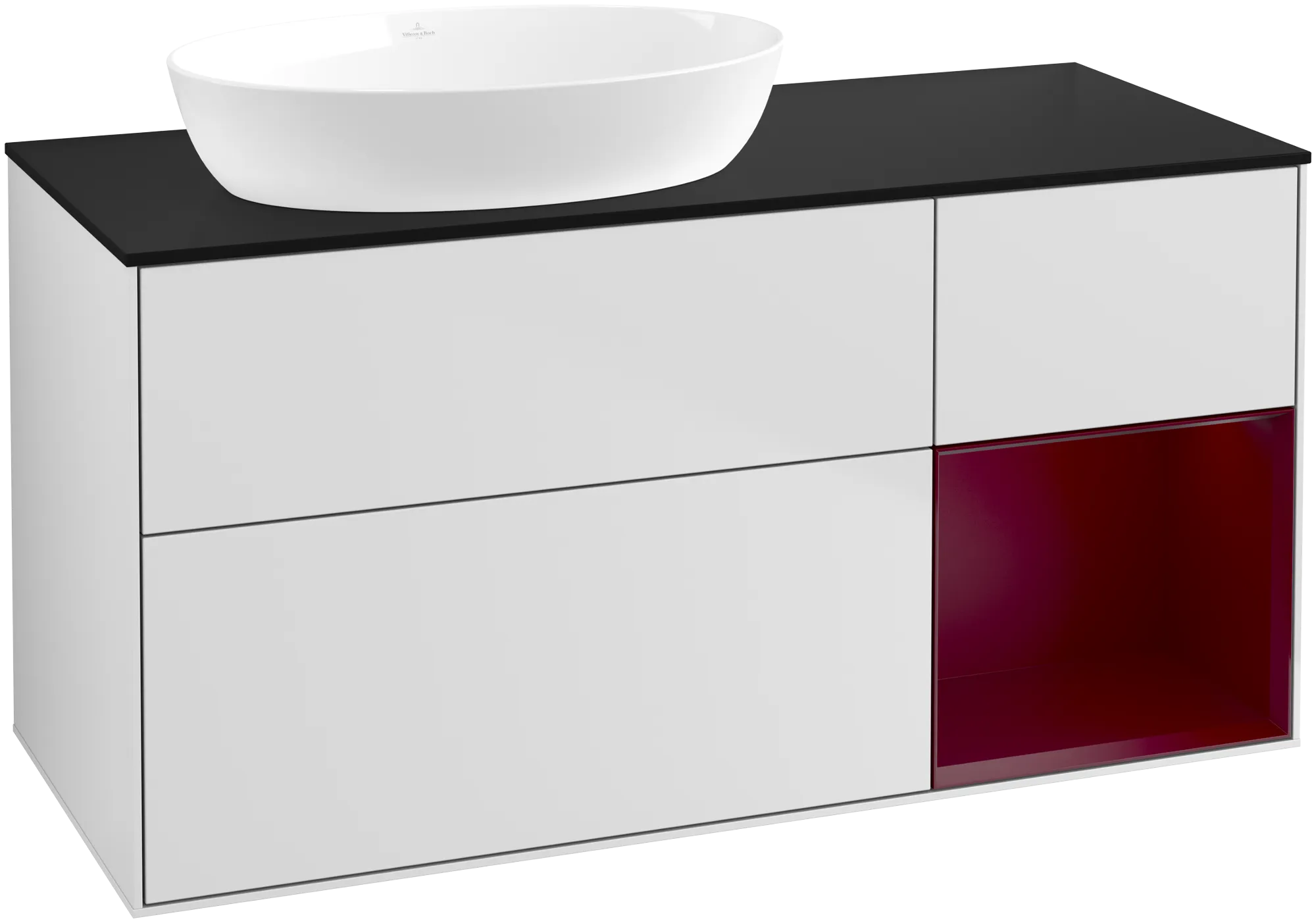 Bild von VILLEROY BOCH Finion Waschbeckenunterschrank, mit Beleuchtung, 3 Auszüge, 1200 x 603 x 501 mm, White Matt Lacquer / Peony Matt Lacquer / Glass Black Matt #GA52HBMT
