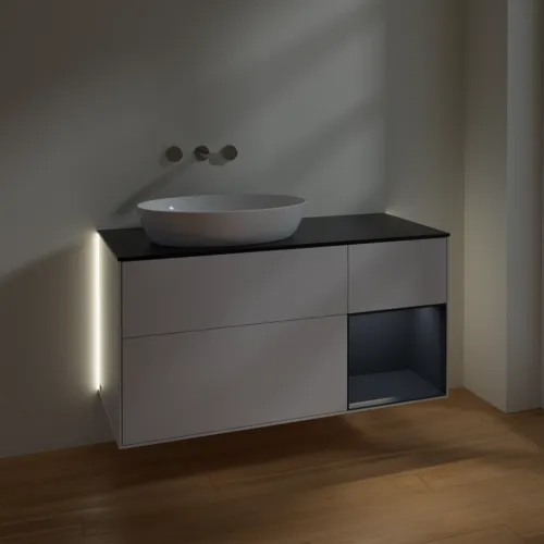 Bild von VILLEROY BOCH Finion Waschbeckenunterschrank, mit Beleuchtung, 3 Auszüge, 1200 x 603 x 501 mm, Glossy White Lacquer / Midnight Blue Matt Lacquer / Glass Black Matt #GA52HGGF