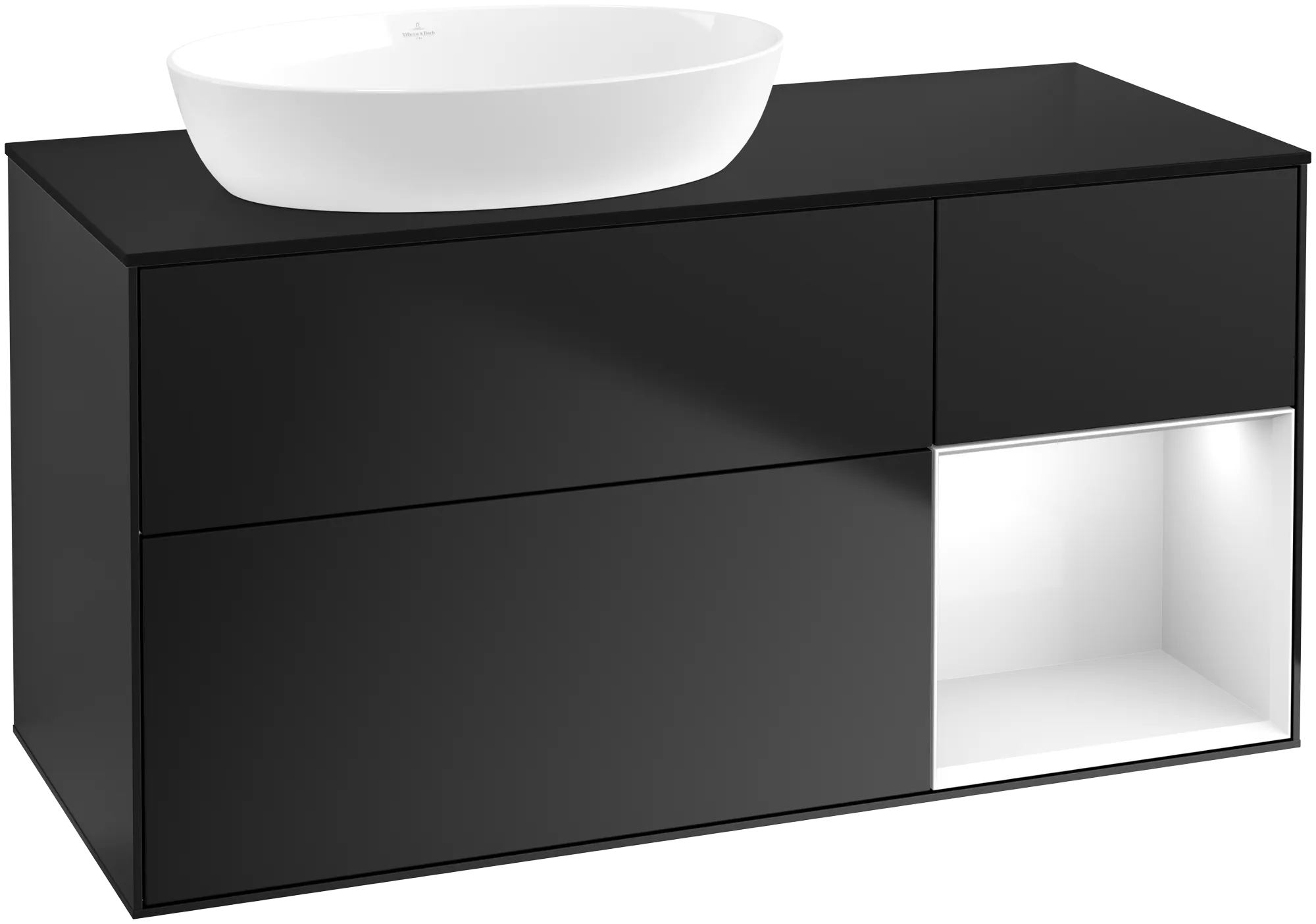 Bild von VILLEROY BOCH Finion Waschbeckenunterschrank, mit Beleuchtung, 3 Auszüge, 1200 x 603 x 501 mm, Black Matt Lacquer / Glossy White Lacquer / Glass Black Matt #GA52GFPD