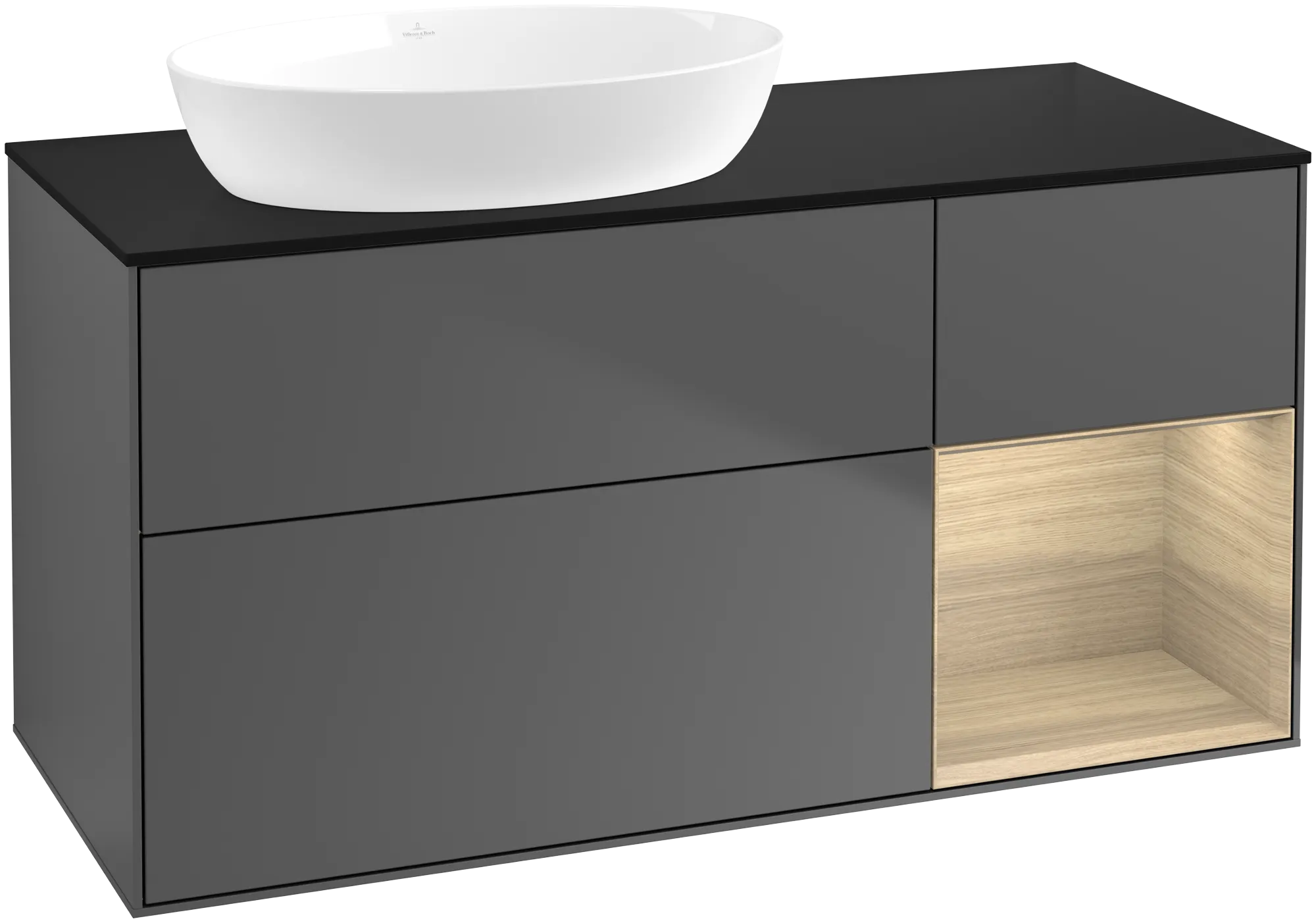 Bild von VILLEROY BOCH Finion Waschbeckenunterschrank, mit Beleuchtung, 3 Auszüge, 1200 x 603 x 501 mm, Anthracite Matt Lacquer / Oak Veneer / Glass Black Matt #GA52PCGK