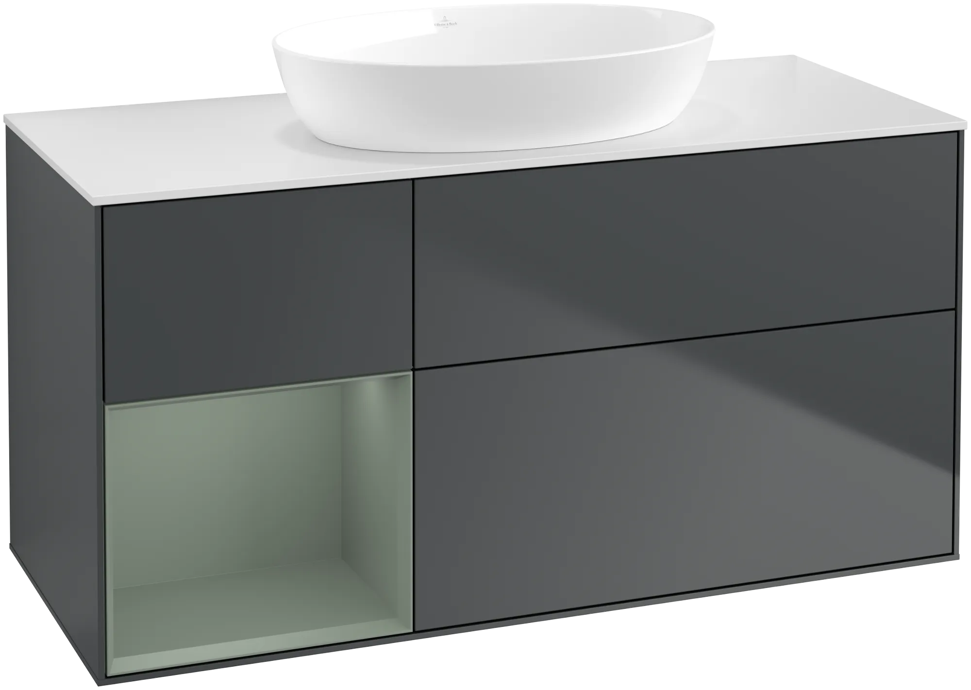 Bild von VILLEROY BOCH Finion Waschbeckenunterschrank, mit Beleuchtung, 3 Auszüge, 1200 x 603 x 501 mm, Midnight Blue Matt Lacquer / Olive Matt Lacquer / Glass White Matt #GA61GMHG