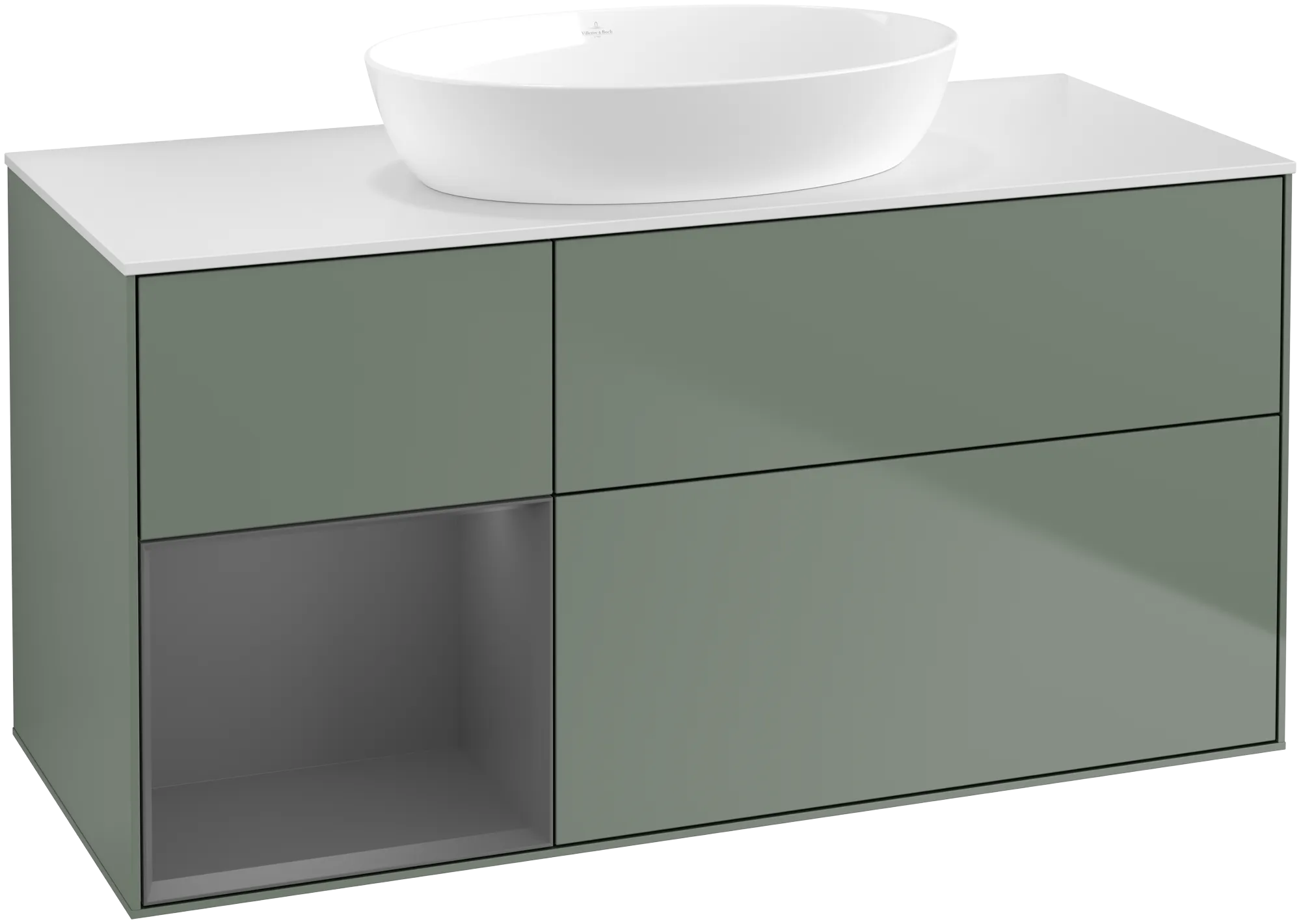 Bild von VILLEROY BOCH Finion Waschbeckenunterschrank, mit Beleuchtung, 3 Auszüge, 1200 x 603 x 501 mm, Olive Matt Lacquer / Anthracite Matt Lacquer / Glass White Matt #GA61GKGM