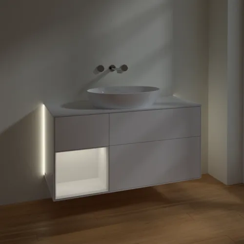 Bild von VILLEROY BOCH Finion Waschbeckenunterschrank, mit Beleuchtung, 3 Auszüge, 1200 x 603 x 501 mm, White Matt Lacquer / Glossy White Lacquer / Glass White Matt #GA61GFMT