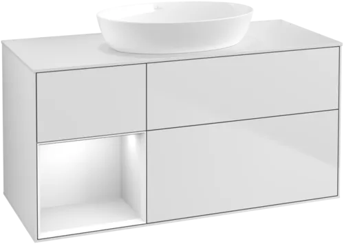 Bild von VILLEROY BOCH Finion Waschbeckenunterschrank, mit Beleuchtung, 3 Auszüge, 1200 x 603 x 501 mm, White Matt Lacquer / Glossy White Lacquer / Glass White Matt #GA61GFMT