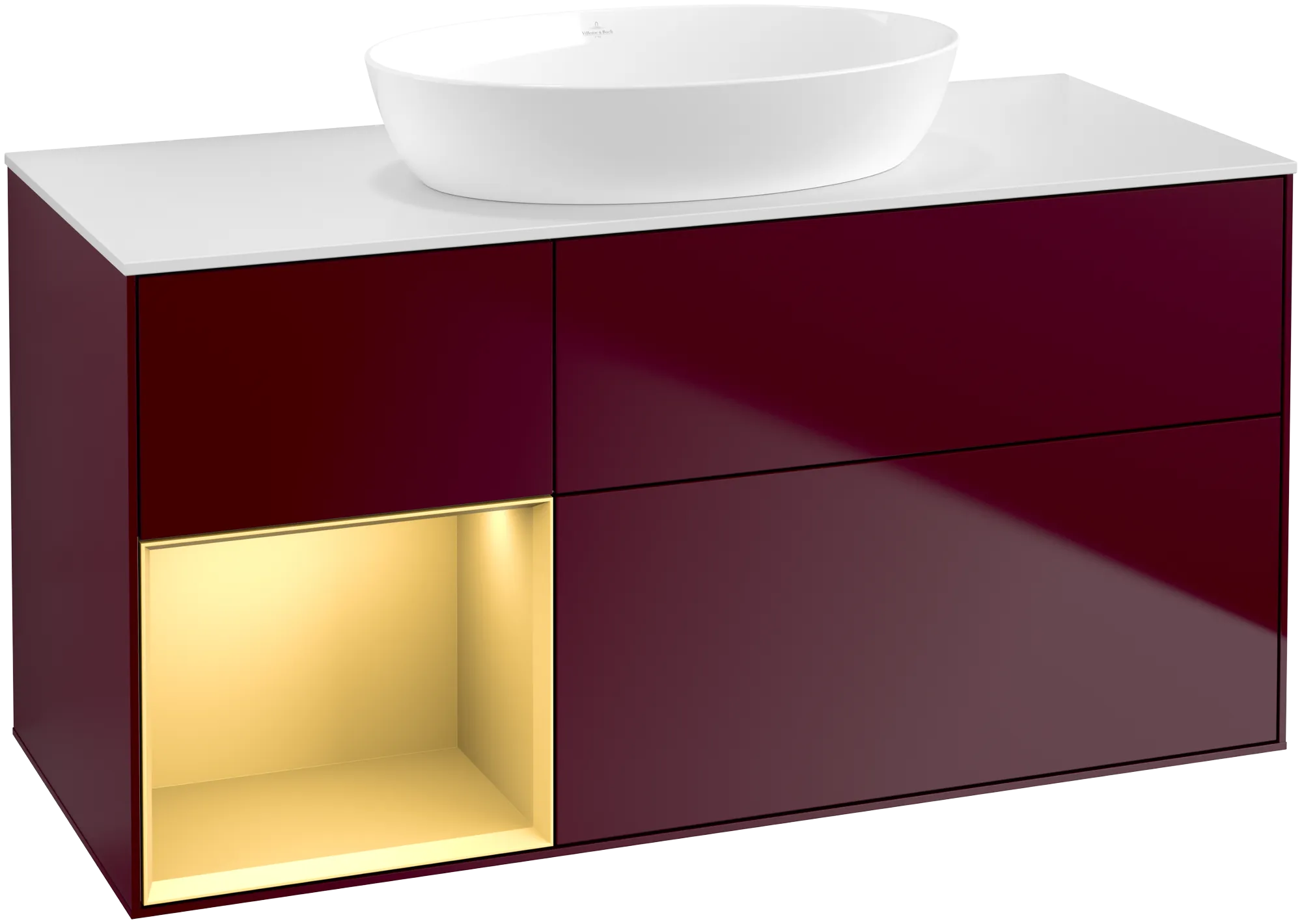 Bild von VILLEROY BOCH Finion Waschbeckenunterschrank, mit Beleuchtung, 3 Auszüge, 1200 x 603 x 501 mm, Peony Matt Lacquer / Gold Matt Lacquer / Glass White Matt #GA61HFHB